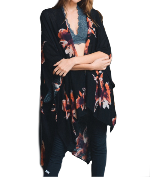 Black Floral Print Long Boho Kimono